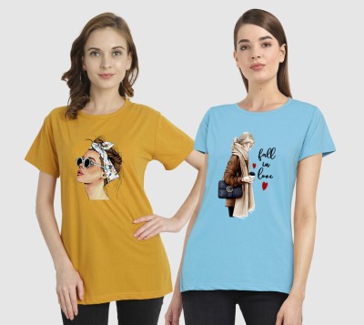 CHOZI Printed Women Round Neck Yellow, Light Blue T-Shirt