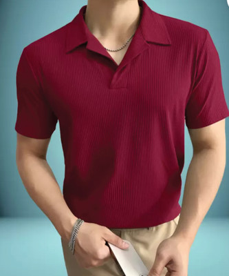 Christy World Solid Men Polo Neck Maroon T-Shirt