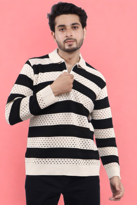LWALS Striped Men Polo Neck Black, White T-Shirt