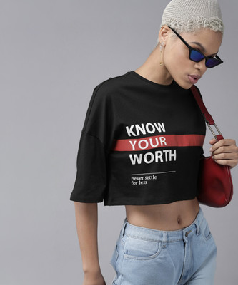 Roadster Printed Women Round Neck Black T-Shirt