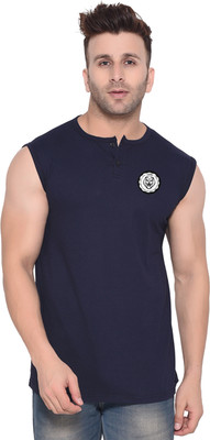 Money Leaf Printed Men Round Neck Dark Blue T-Shirt