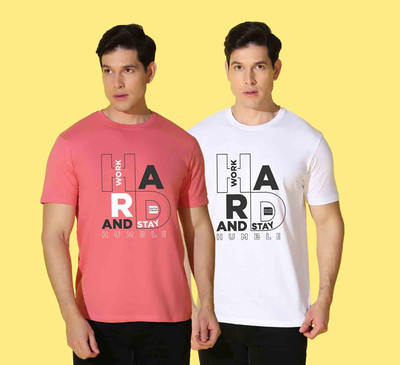 WOOSTRO Printed Men Round Neck White, Pink T-Shirt