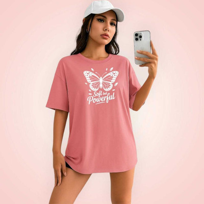 Hivewear Printed Women Round Neck Pink T-Shirt