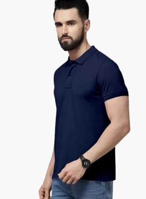 balker merka Solid Men Polo Neck Blue T-Shirt