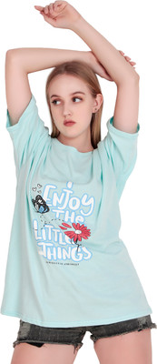 Kiba Retail Printed Women Round Neck Blue T-Shirt