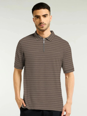 THE DRY STATE Self Design Men Zip Neck Grey T-Shirt