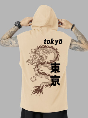 Jump Cuts Printed Men Hooded Neck Beige T-Shirt