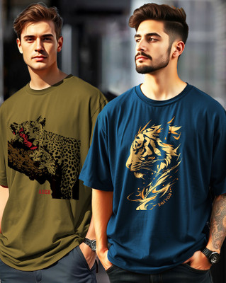 ENITOR Printed Men Round Neck Dark Blue, Green T-Shirt