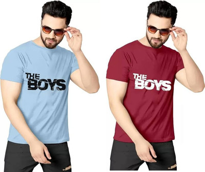 REVIZO Graphic Print Men Round Neck Maroon, Light Blue T-Shirt