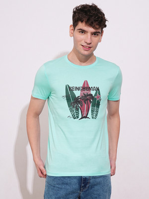 BEING HUMAN Solid Men Round Neck Blue T-Shirt