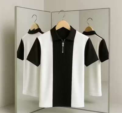 MYMUNI Solid Men Mandarin Collar Black T-Shirt