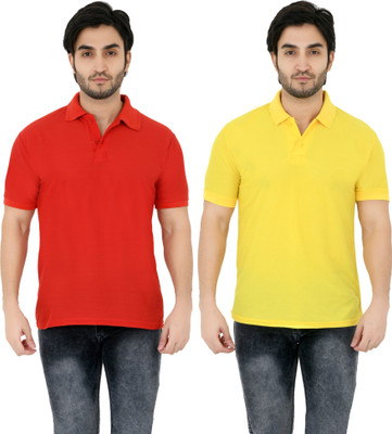 YUALIN CREATION Solid Men Polo Neck Yellow T-Shirt