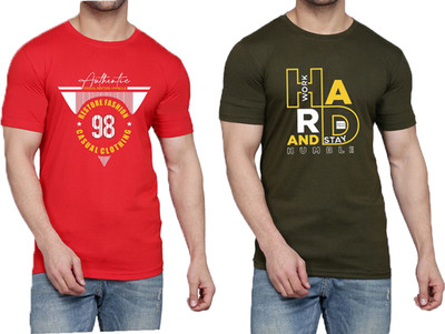 WOOSTRO Printed Men Round Neck Red, Dark Green T-Shirt