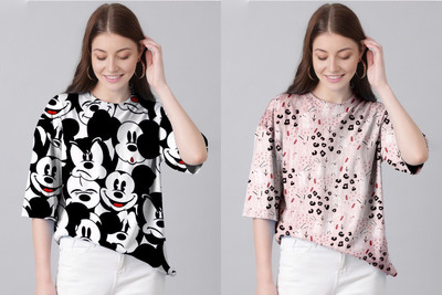 TULSI ENTERPRISES Printed Women Round Neck Pink, Black T-Shirt