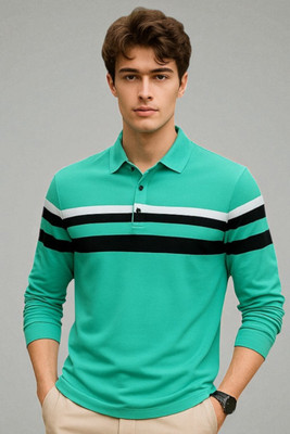 Autna Striped Men Polo Neck Green T-Shirt