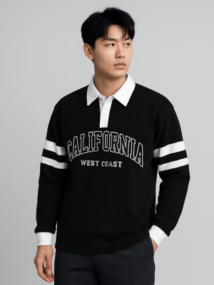 Jump Cuts Printed Men Polo Neck Black, White T-Shirt