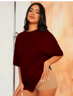 etsun Solid Women Round Neck Maroon T-Shirt