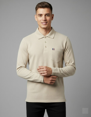 SAND PIPER Solid Men Polo Neck Beige T-Shirt