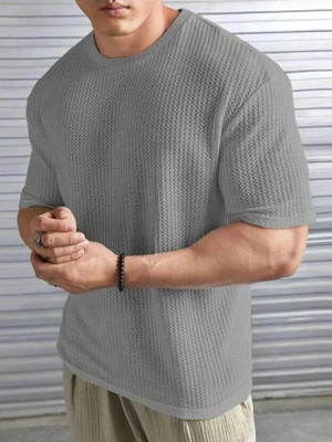 TAZO Solid Men Round Neck Grey T-Shirt