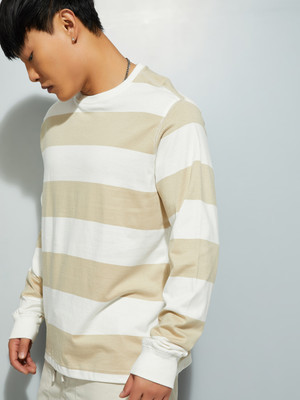 MAX Striped Men Round Neck Beige T-Shirt