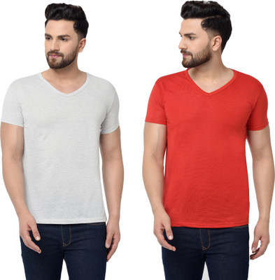 Tresna Trending Solid Men V Neck Red, Grey T-Shirt