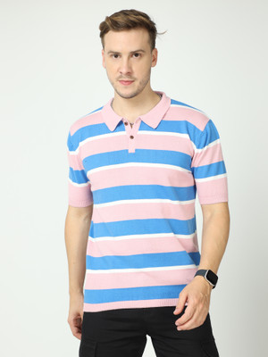 U&K Fashions Striped Men Polo Neck Pink T-Shirt