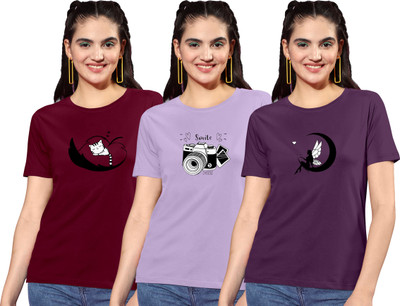 ZentWorld Graphic Print Women Round Neck Maroon, Purple, Black T-Shirt