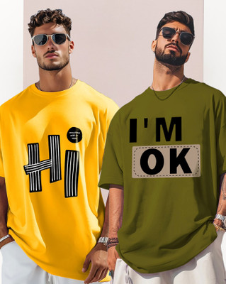 AOOSH Printed Men Round Neck Yellow, Green T-Shirt