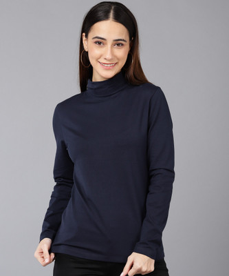 SHARKTRIBE Solid Women Turtle Neck Dark Blue T-Shirt