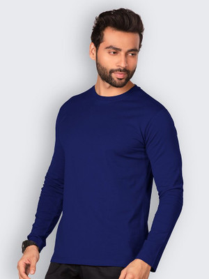 Organic Chics Solid Men Round Neck Navy Blue T-Shirt