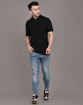 JR COLLECTION Self Design Men Polo Neck Black T-Shirt