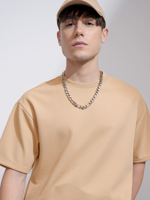 HIGHLANDER Self Design Men Round Neck Beige T-Shirt