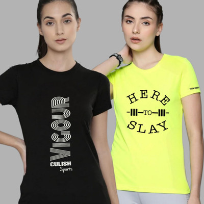 SPOWEARY Printed Women Round Neck Black, Yellow T-Shirt