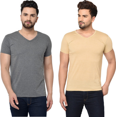 Adorbs Trend Solid Men V Neck Grey, Yellow T-Shirt