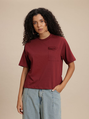 Roadster Solid Women Round Neck Maroon T-Shirt