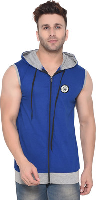 Blisstone Self Design Men Hooded Neck Blue T-Shirt