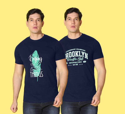 WOOSTRO Printed Men Round Neck Dark Blue T-Shirt