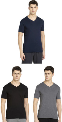 JOCKEY Solid Men V Neck Black, Grey, Dark Blue T-Shirt
