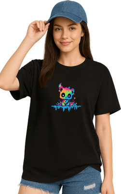 LuxeApe Printed Women Round Neck Black T-Shirt