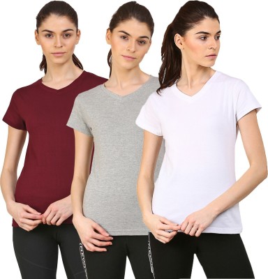 Ap'pulse Solid Women V Neck White, Maroon, Grey T-Shirt