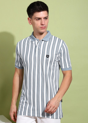 METRONAUT Striped Men Polo Neck Light Blue T-Shirt