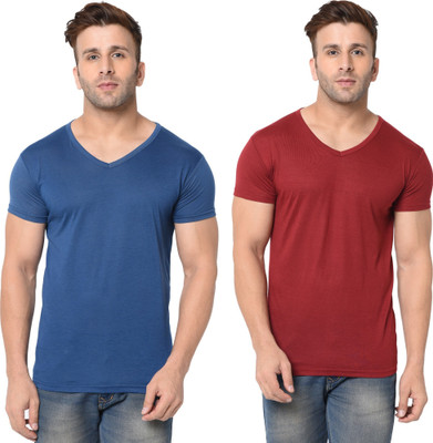 Tresna Trending Solid Men V Neck Dark Blue, Maroon T-Shirt