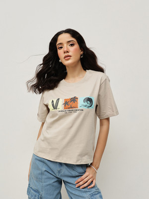 Espresso Printed Women Round Neck Beige T-Shirt