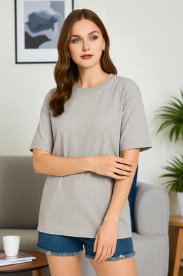 Elvia Solid Women Round Neck Grey T-Shirt