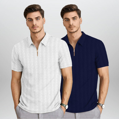 BROWEARS Self Design Men Zip Neck White, Blue T-Shirt