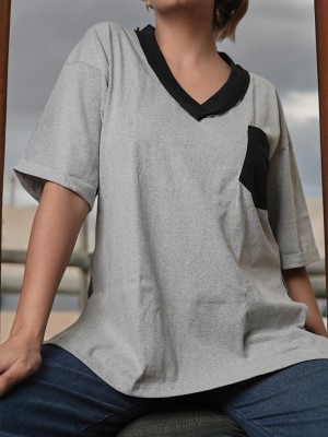 ELBATROSS Solid Women V Neck Grey T-Shirt
