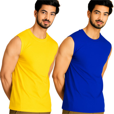 Moordale Solid Men Round Neck Yellow, Dark Blue T-Shirt