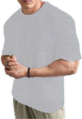 THE BLAZZE Self Design Men Round Neck Grey T-Shirt