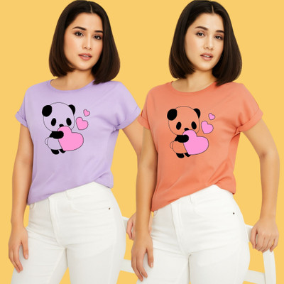 Kintu Parantu Printed Women Round Neck Purple, Pink T-Shirt