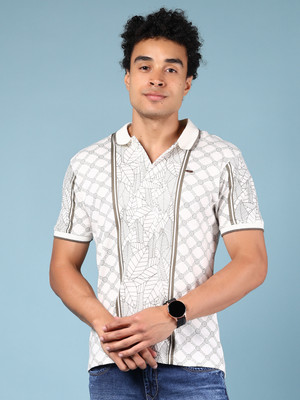 V-MART Printed Men Polo Neck White T-Shirt